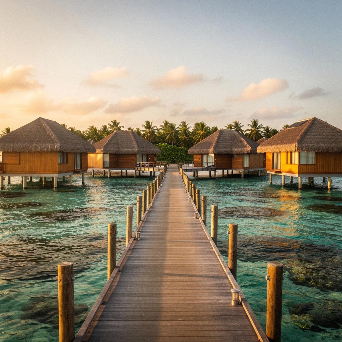 Boardwalk over a turquoise lagoon leading to overwater villas in South Ari Atoll